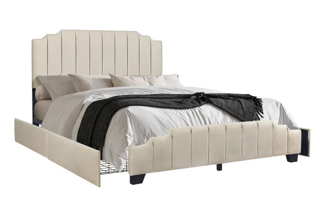 HH975 BEIGE PLATFORM BED WITH STORAGE AVAILABLE IN FULL QUEEN AND KING SIZES