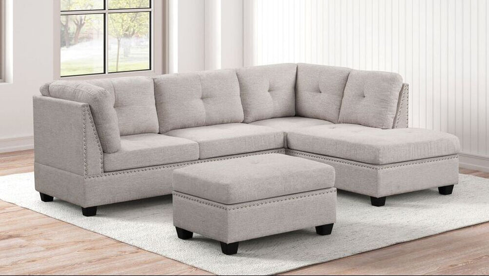 SIENNA STONE LINEN SECTIONAL AND OTTOMAN SET