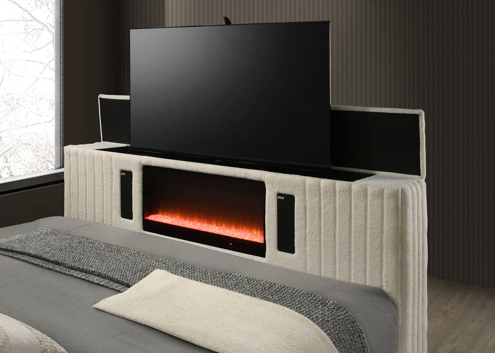 VILLA OFF WHITE PLATFORM BED WITH TV STAND AVAILABLE IN QUEEN AND KING SIZES