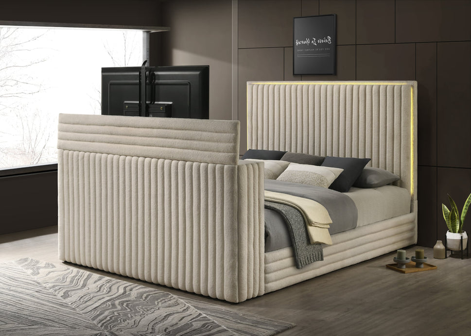 VILLA OFF WHITE PLATFORM BED WITH TV STAND AVAILABLE IN QUEEN AND KING SIZES