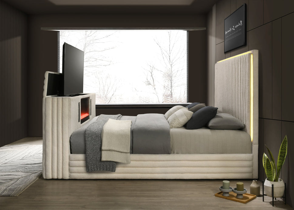 VILLA OFF WHITE PLATFORM BED WITH TV STAND AVAILABLE IN QUEEN AND KING SIZES