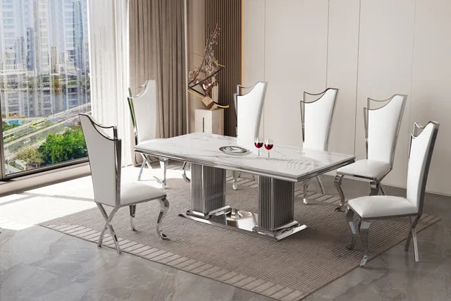 D6061 / D6062 / D7071 - Marble/Stainless Steel Dining Table + 6 Chair Set