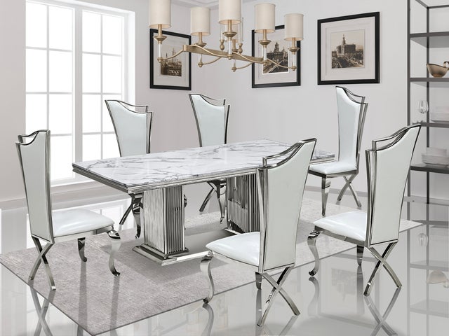 D6061 / D6062 / D7071 - Marble/Stainless Steel Dining Table + 6 Chair Set