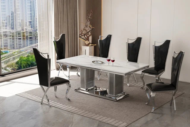 D6061 / D6062 / D7071 - Marble/Stainless Steel Dining Table + 6 Chair Set