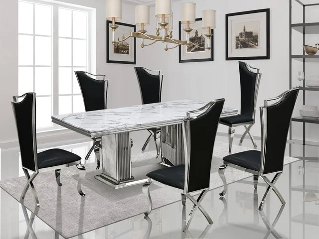 D6061 / D6062 / D7071 - Marble/Stainless Steel Dining Table + 6 Chair Set