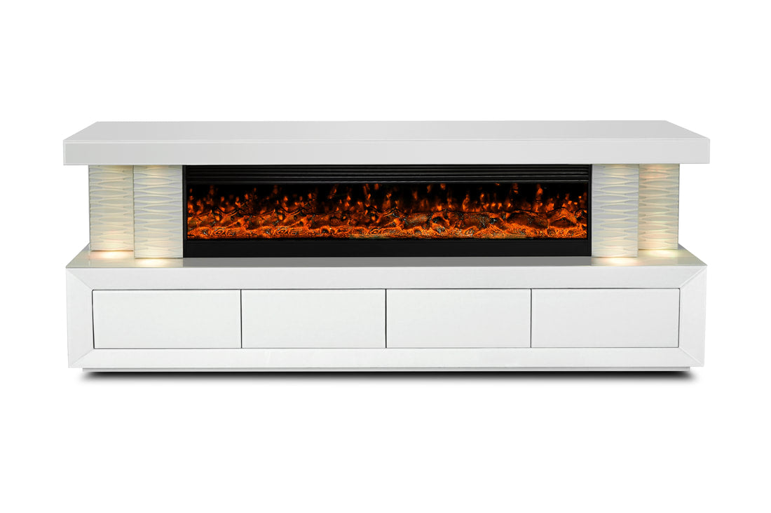 A97 WHITE TV STAND WITH FIREPLACE