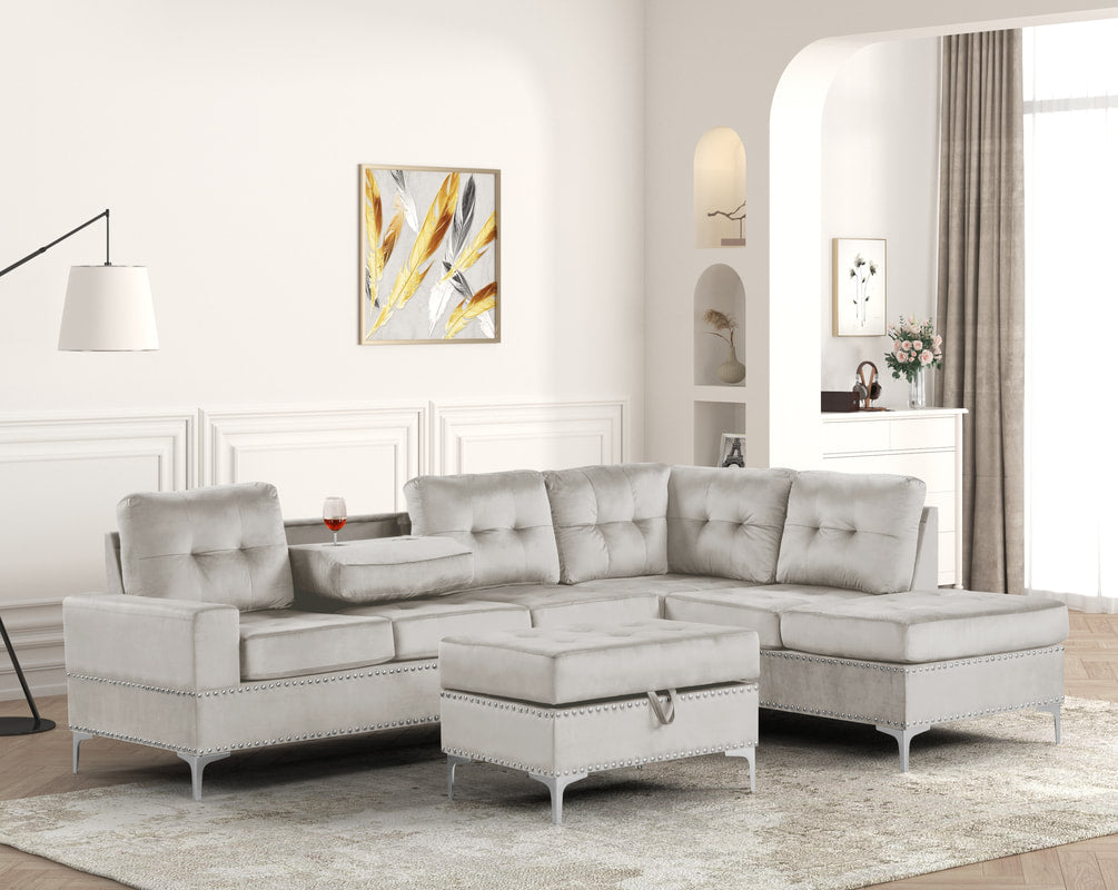 ANSERRA SILVER VELVET REVERSIBLE SECTIONAL AND OTTOMAN SET