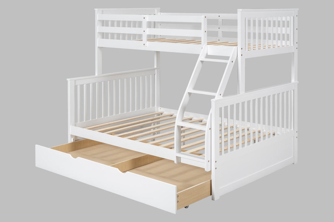 BB21 WHITE TWIN/FULL BUNK BED WITH TWIN TRUNDLE