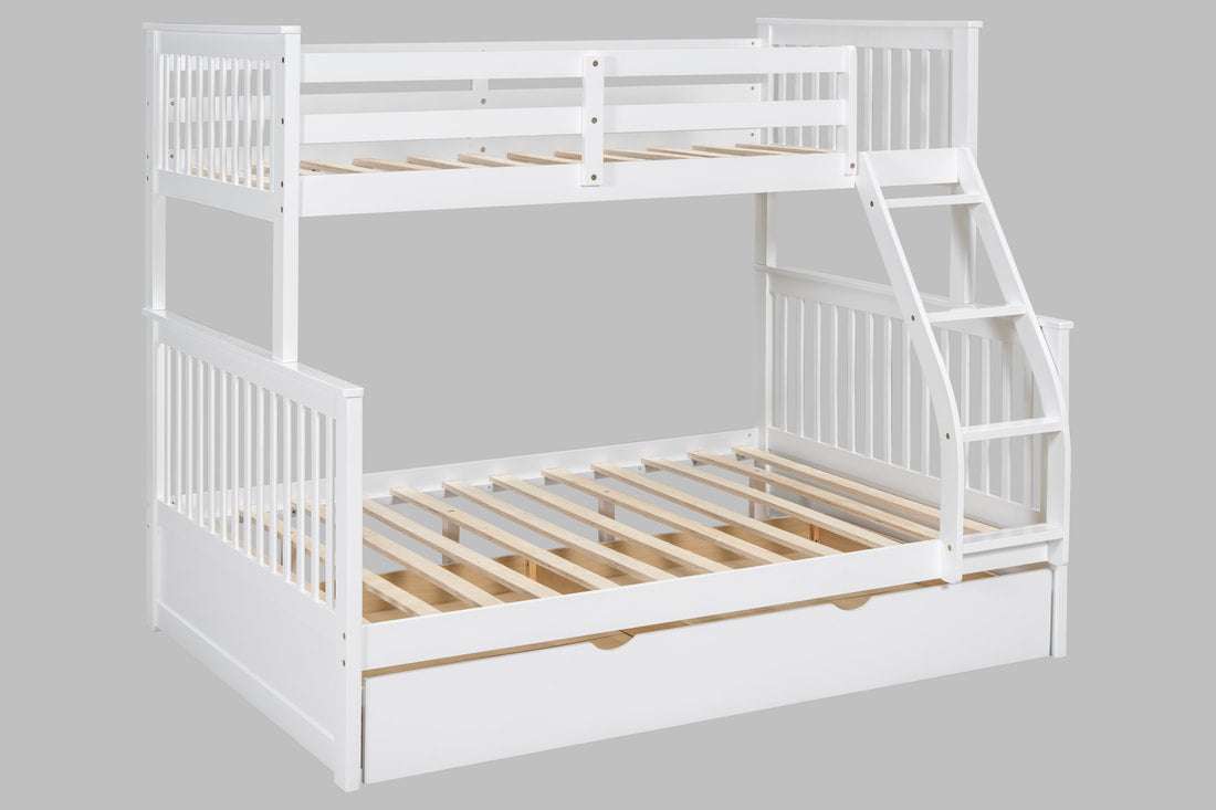BB21 WHITE TWIN/FULL BUNK BED WITH TWIN TRUNDLE