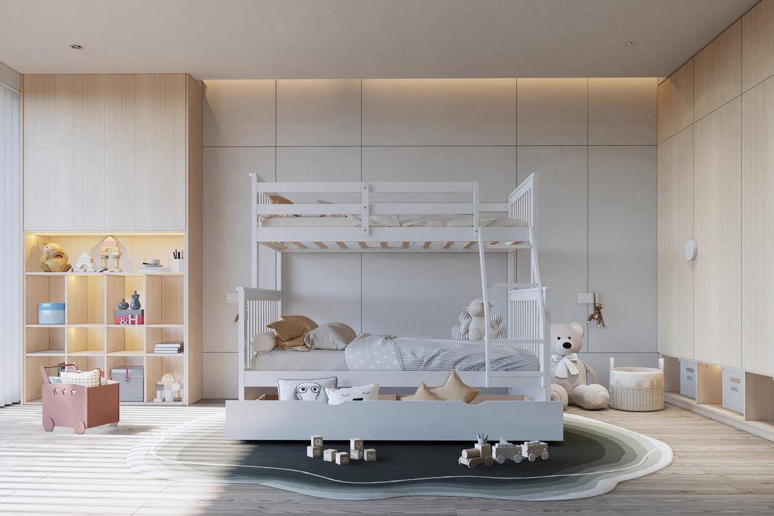 BB21 WHITE TWIN/FULL BUNK BED WITH TWIN TRUNDLE