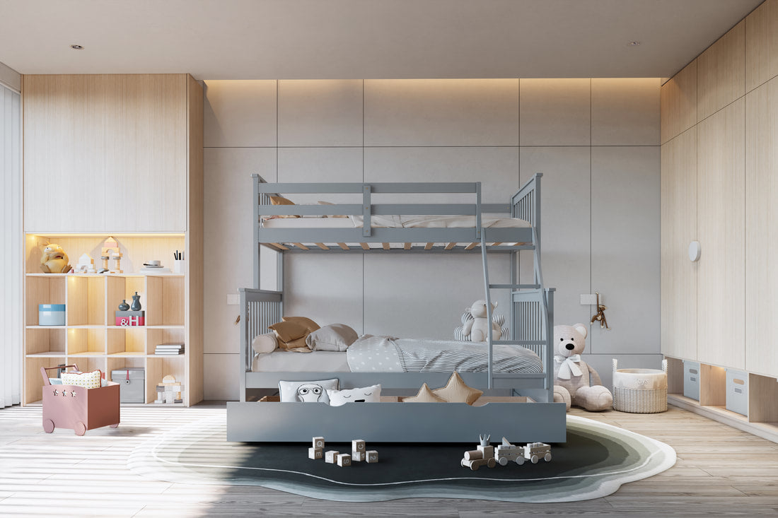 BB23 GRAY TWIN/FULL BUNK BED WITH TWIN TRUNDLE
