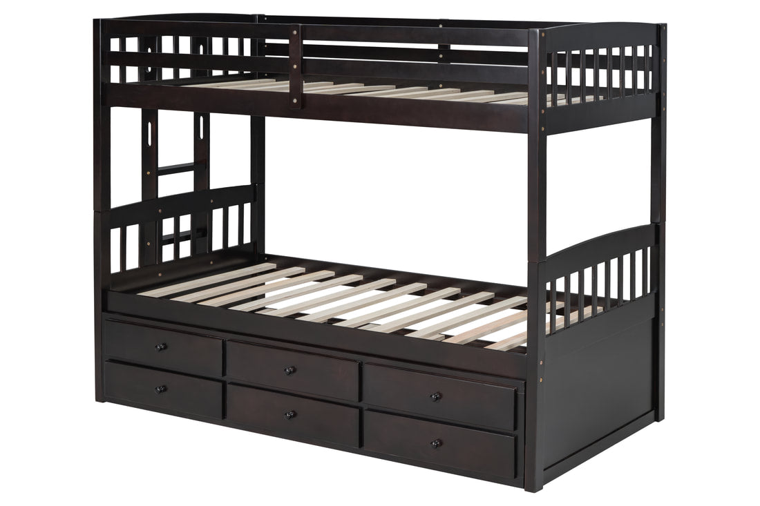 BB40 ESPRESSO TWIN/TWIN BUNK BED WITH TWIN TRUNDLE + 3 DRAWERS