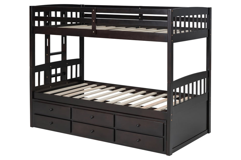 BB40 ESPRESSO TWIN/TWIN BUNK BED WITH TWIN TRUNDLE + 3 DRAWERS