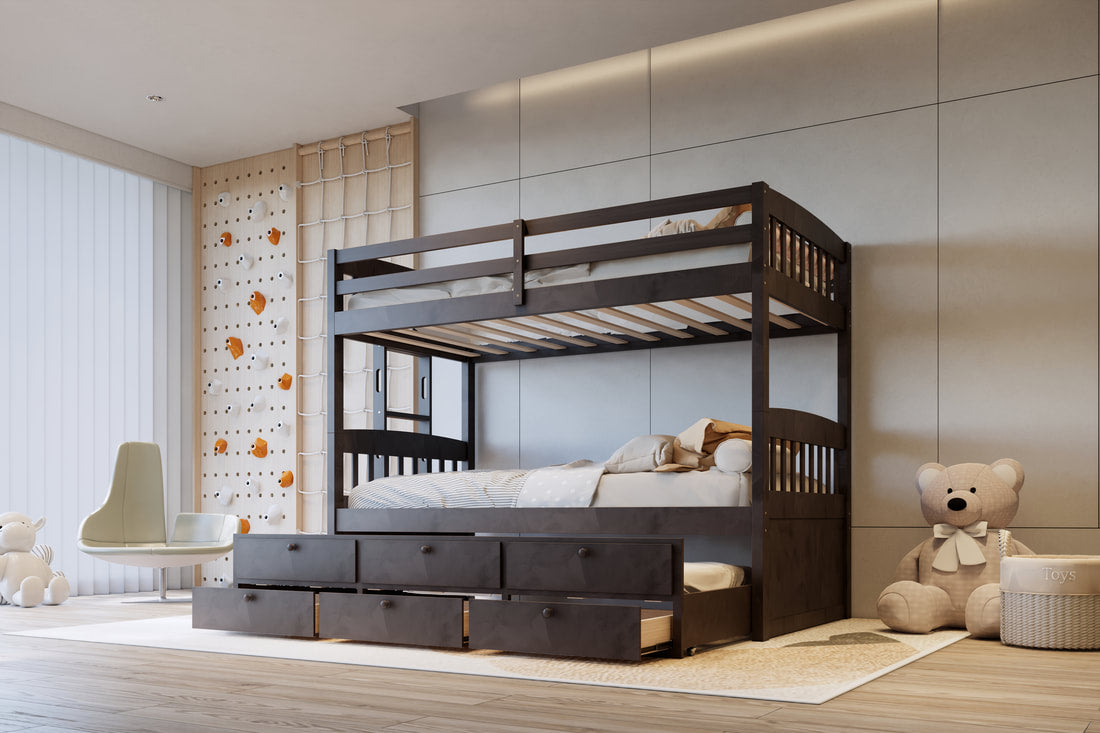 BB40 ESPRESSO TWIN/TWIN BUNK BED WITH TWIN TRUNDLE + 3 DRAWERS