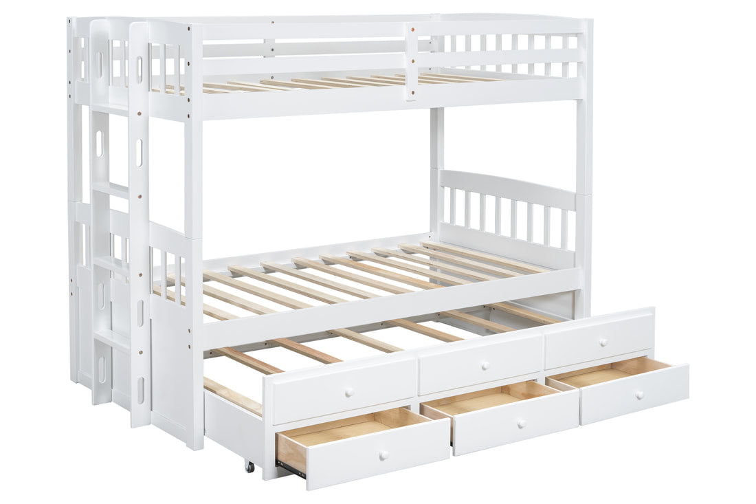 BB41 WHITE TWIN/TWIN BUNK BED WITH TWIN TRUNDLE + 3 DRAWERS