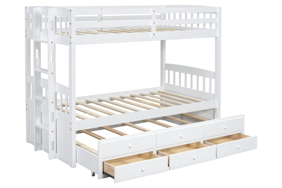 BB41 WHITE TWIN/TWIN BUNK BED WITH TWIN TRUNDLE + 3 DRAWERS