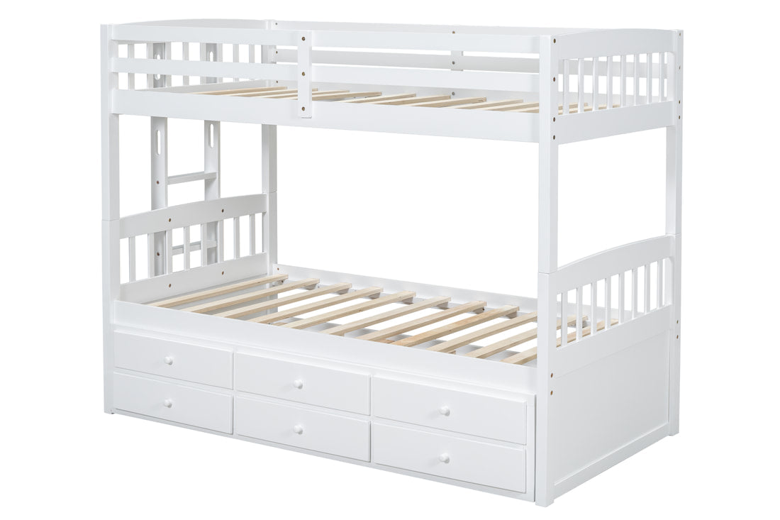 BB41 WHITE TWIN/TWIN BUNK BED WITH TWIN TRUNDLE + 3 DRAWERS