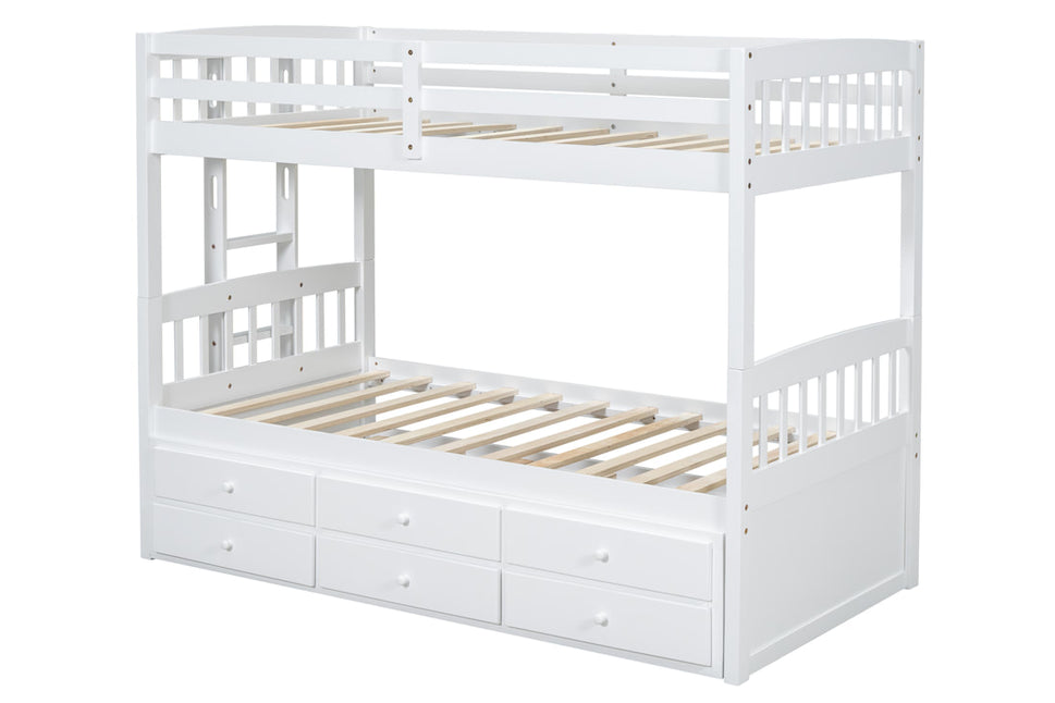 BB41 WHITE TWIN/TWIN BUNK BED WITH TWIN TRUNDLE + 3 DRAWERS