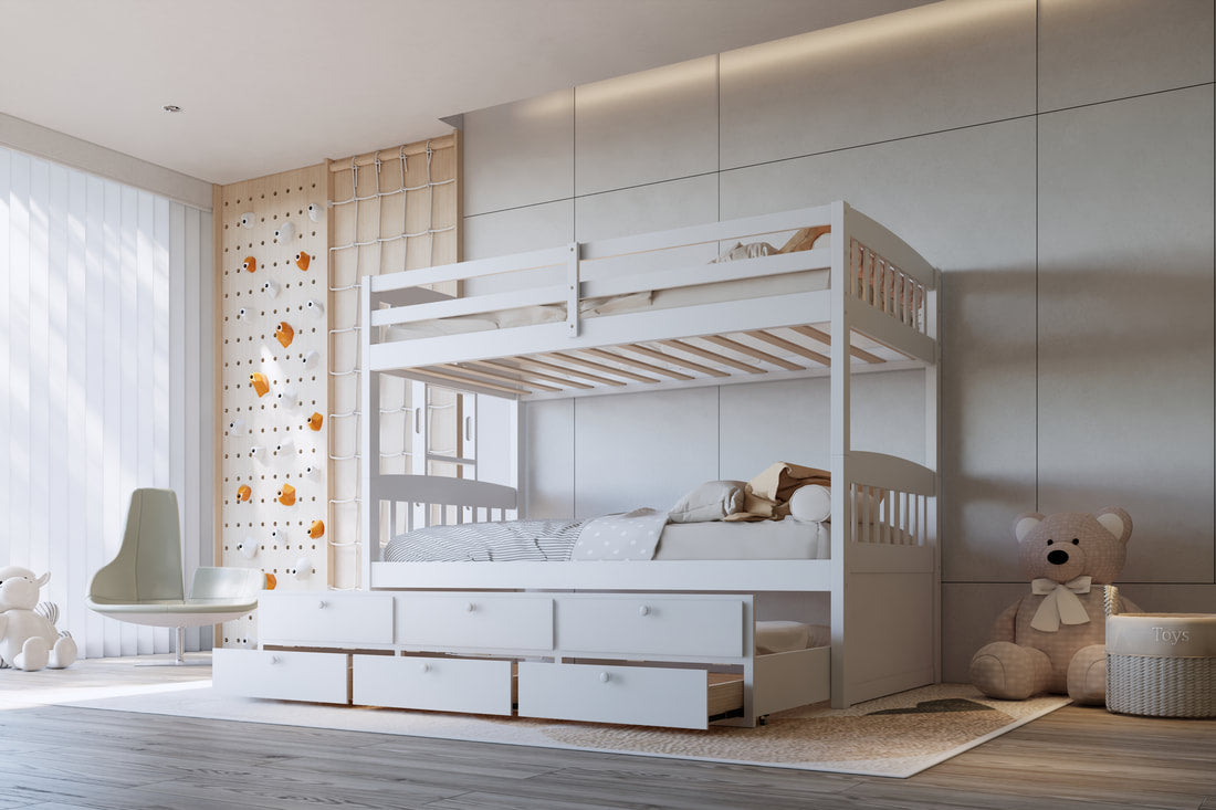 BB41 WHITE TWIN/TWIN BUNK BED WITH TWIN TRUNDLE + 3 DRAWERS