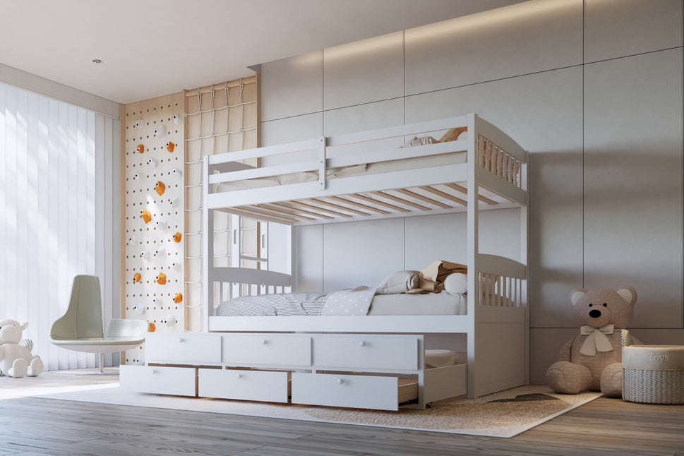 BB41 WHITE TWIN/TWIN BUNK BED WITH TWIN TRUNDLE + 3 DRAWERS