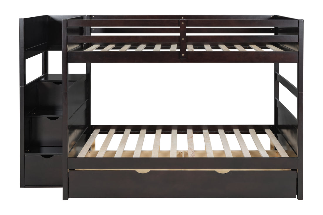 BB50 BLACK FULL/FULL BUNK BED WITH TWIN TRUNDLE + STAIRWAY STORAGE