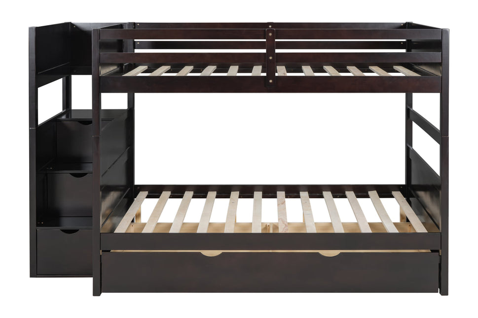 BB50 BLACK FULL/FULL BUNK BED WITH TWIN TRUNDLE + STAIRWAY STORAGE