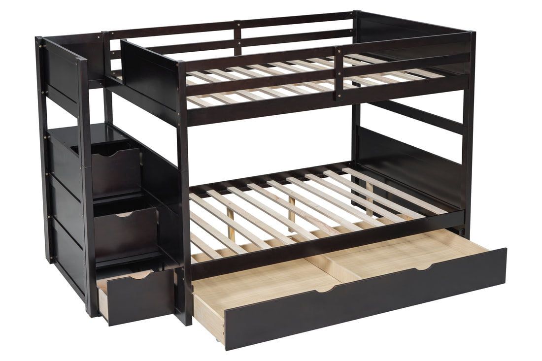 BB50 BLACK FULL/FULL BUNK BED WITH TWIN TRUNDLE + STAIRWAY STORAGE