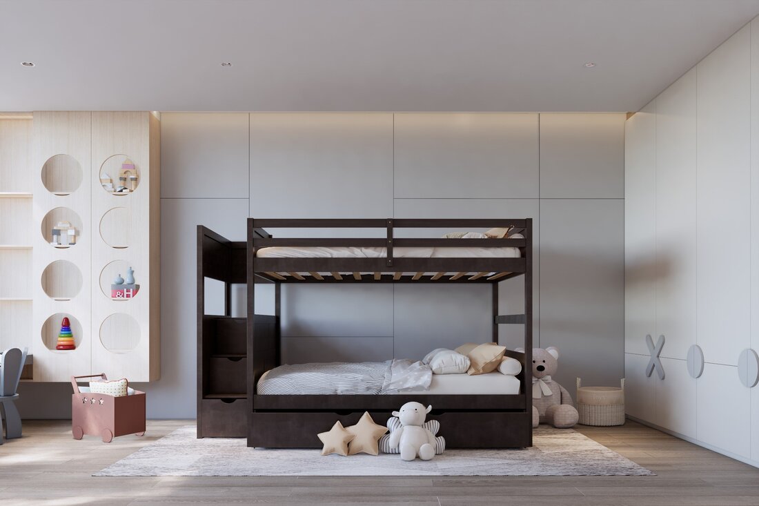 BB50 BLACK FULL/FULL BUNK BED WITH TWIN TRUNDLE + STAIRWAY STORAGE