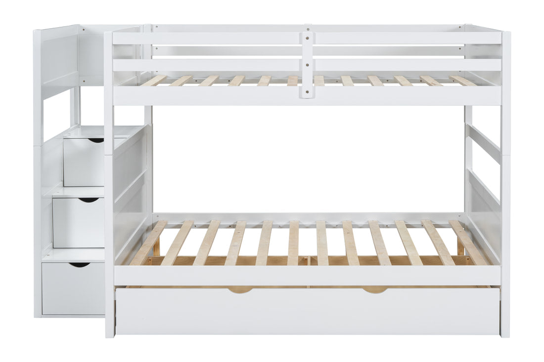 BB51 WHITE FULL/FULL BUNK BED WITH TWIN TRUNDLE + STAIRWAY STORAGE