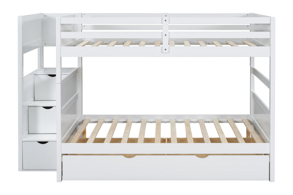 BB51 WHITE FULL/FULL BUNK BED WITH TWIN TRUNDLE + STAIRWAY STORAGE