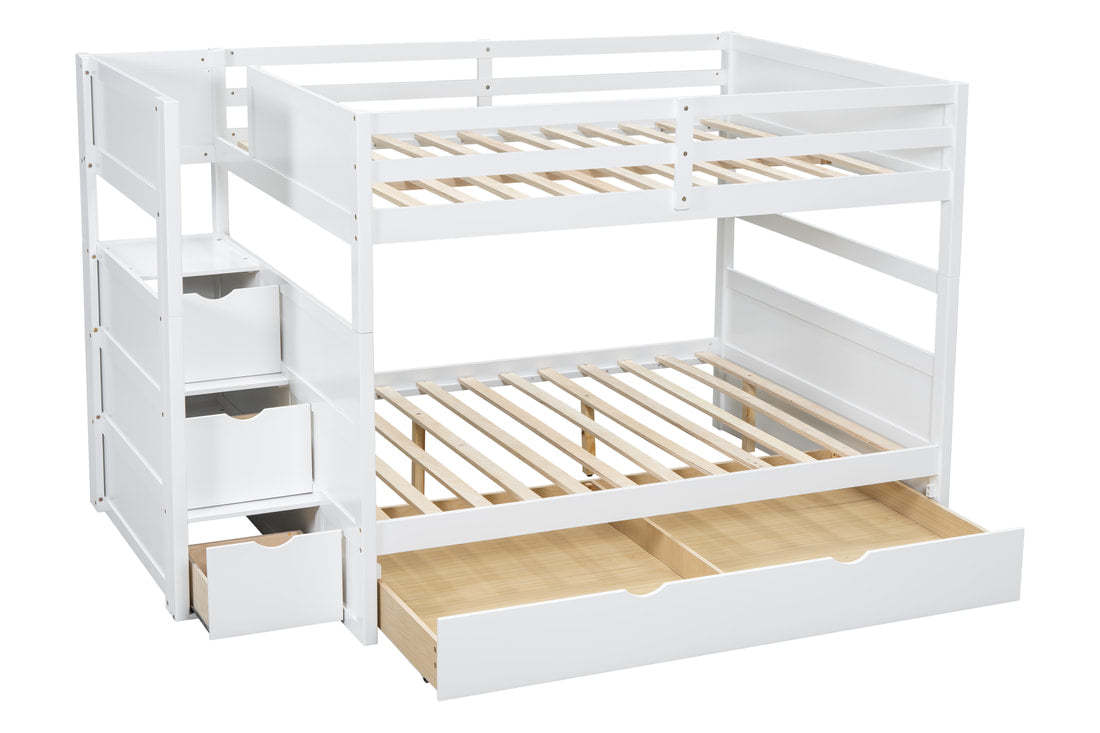 BB51 WHITE FULL/FULL BUNK BED WITH TWIN TRUNDLE + STAIRWAY STORAGE