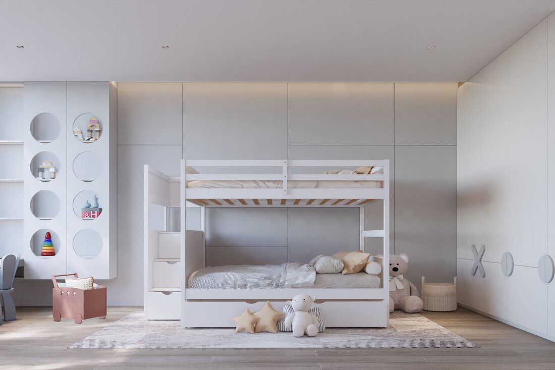 BB51 WHITE FULL/FULL BUNK BED WITH TWIN TRUNDLE + STAIRWAY STORAGE