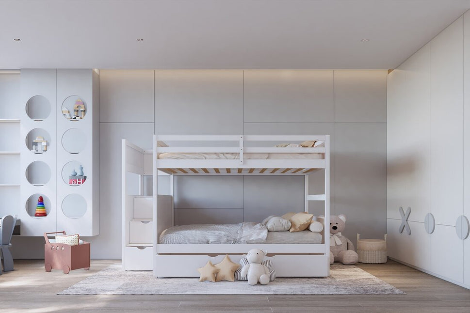 BB51 WHITE FULL/FULL BUNK BED WITH TWIN TRUNDLE + STAIRWAY STORAGE