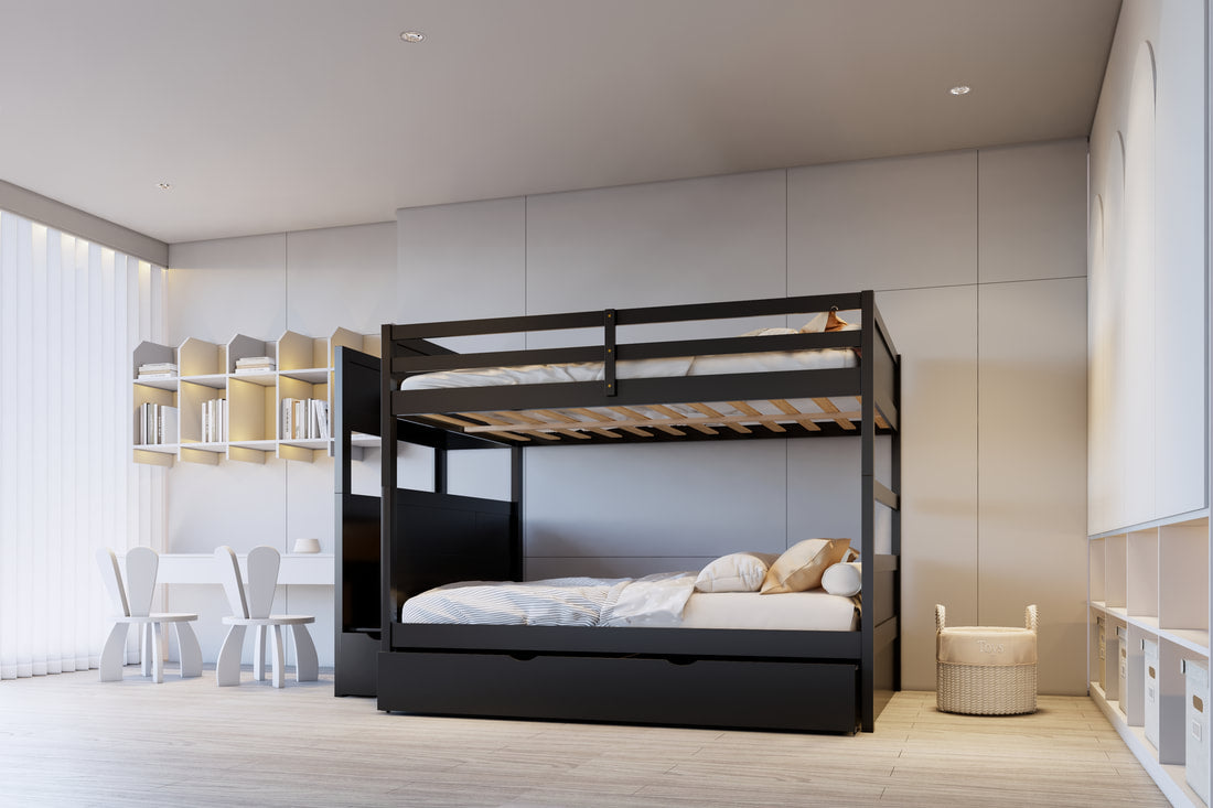 BB52 BLACK FULL/FULL BUNK BED WITH TWIN TRUNDLE + STAIRWAY STORAGE