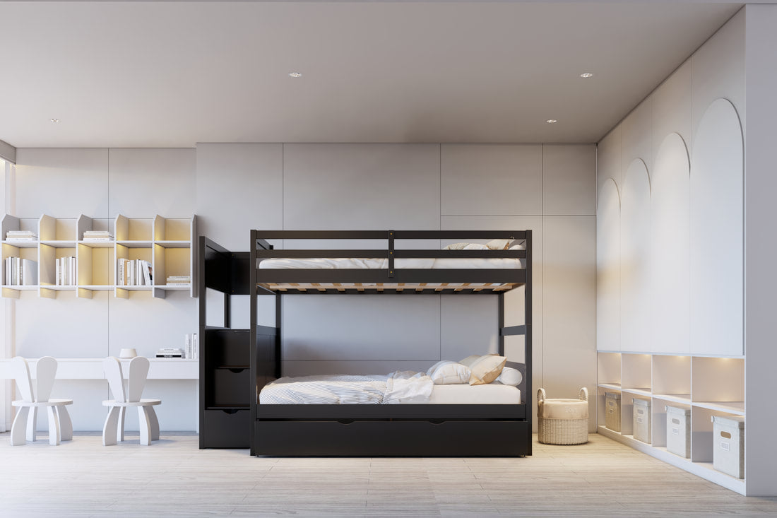 BB52 BLACK FULL/FULL BUNK BED WITH TWIN TRUNDLE + STAIRWAY STORAGE