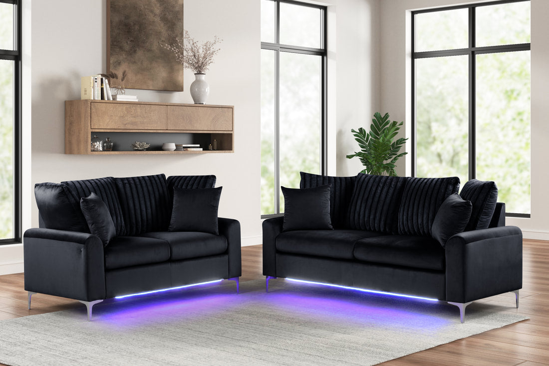 CELINA 2PC CHARCOAL SOFA AND LOVESEAT SET WITH LED LIGHTS