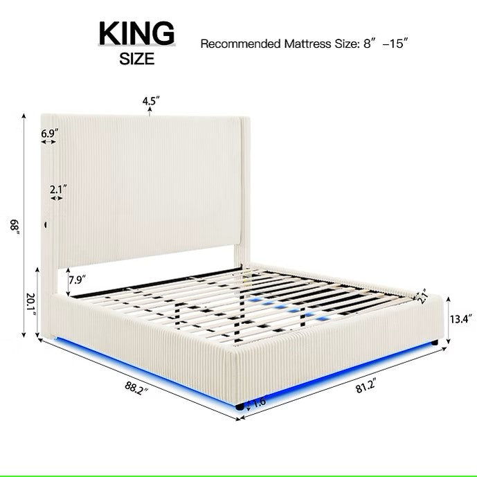 B300 BELINDA BEIGE PLATFORM BED WITH LED LIGHTS AVAILABLE IN QUEEN AND KING SIZES