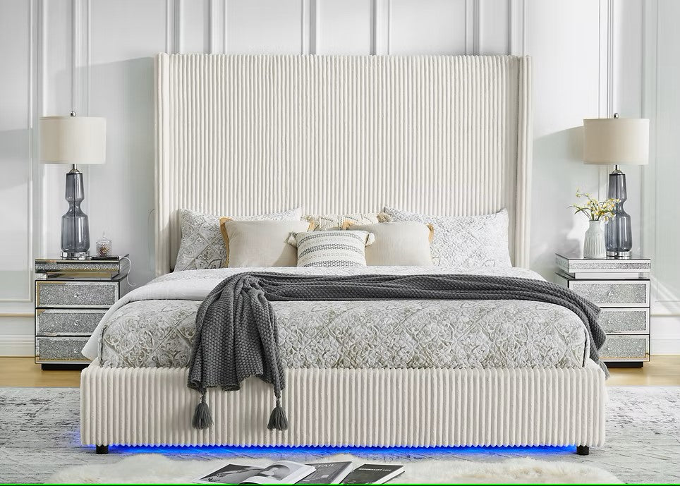 B300 BELINDA BEIGE PLATFORM BED WITH LED LIGHTS AVAILABLE IN QUEEN AND KING SIZES
