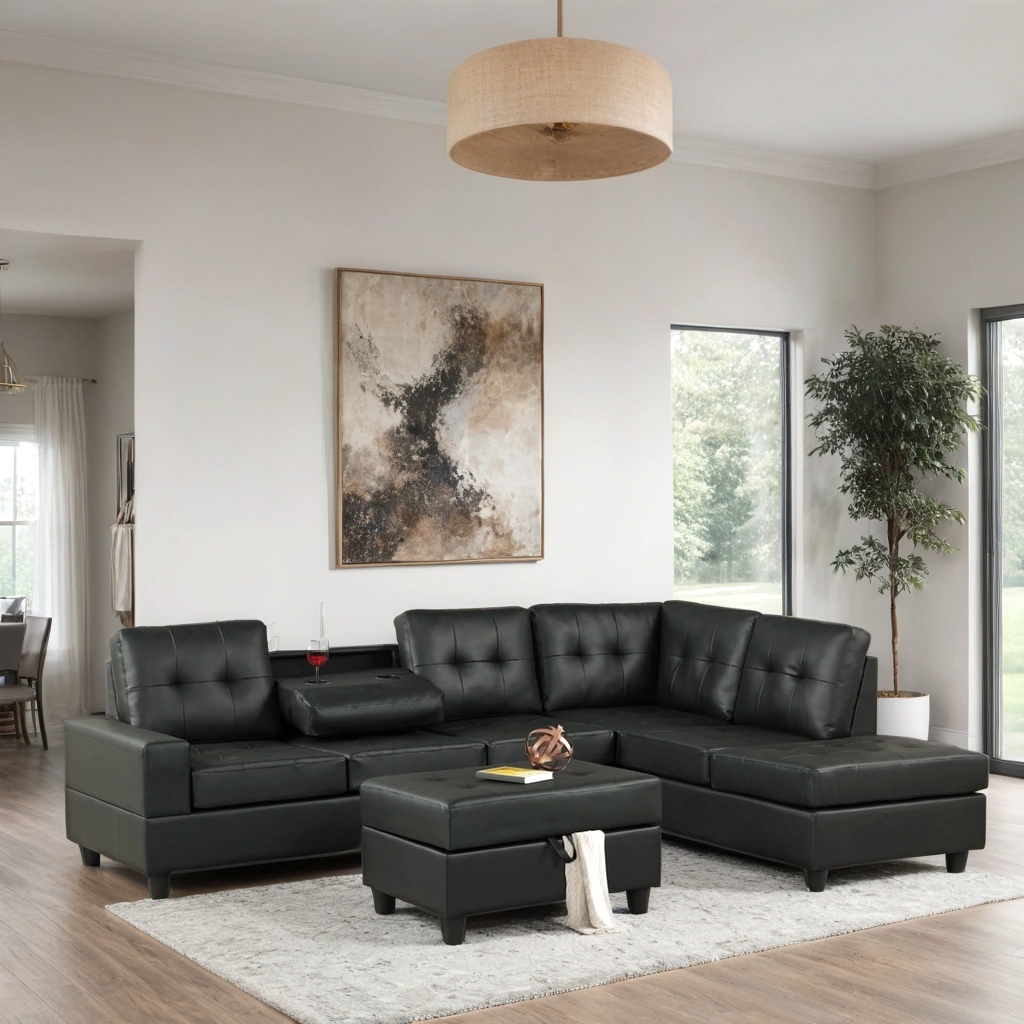 HEIGHTS BLACK PU REVERSIBLE SECTIONAL + OTTOMAN SET