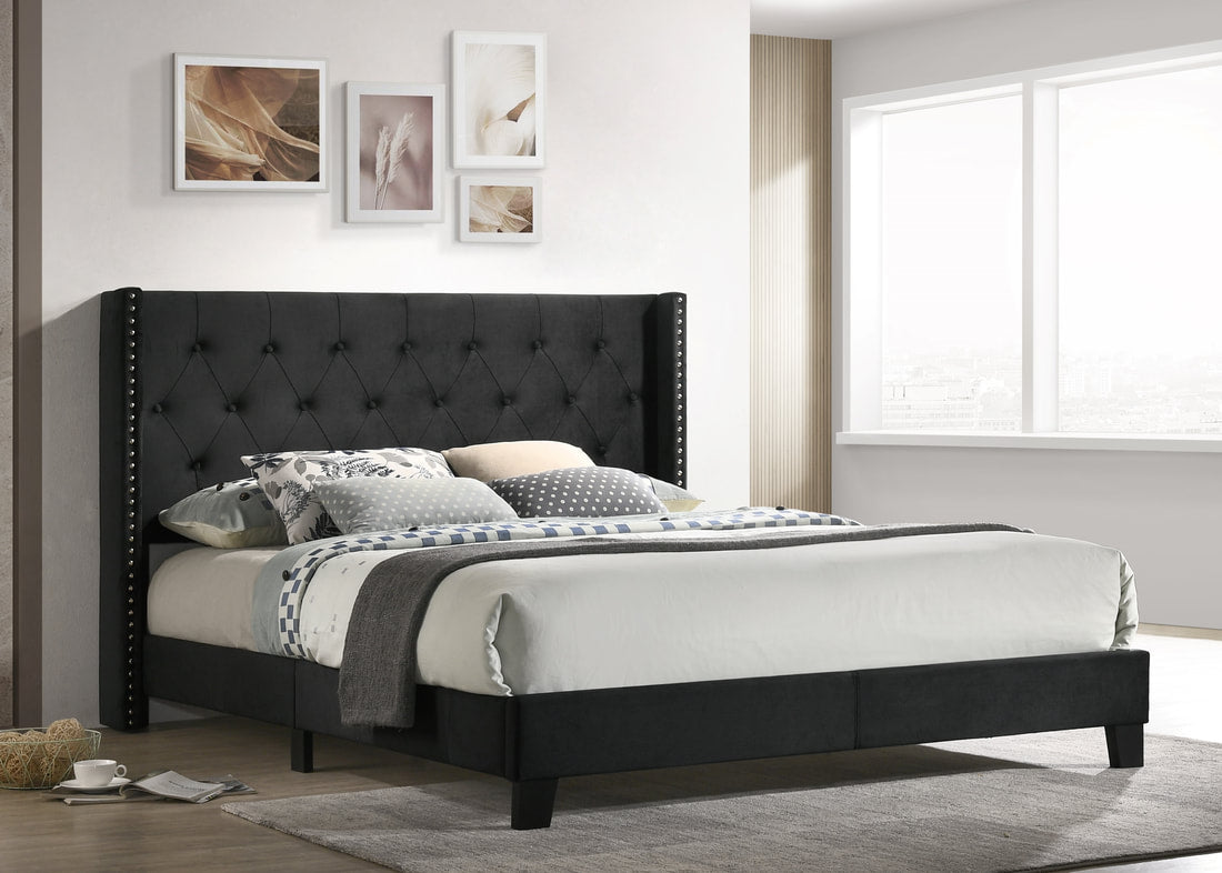 HH775 BLACK VELVET PLATFORM BED AVAILABLE IN TWIN, FULL, QUEEN AND KING SIZES