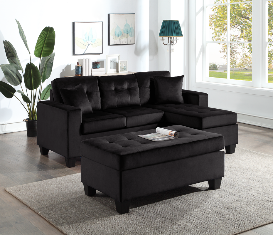 NAOMI BLACK VELVET REVERSIBLE SECTIONAL & OTTOMAN