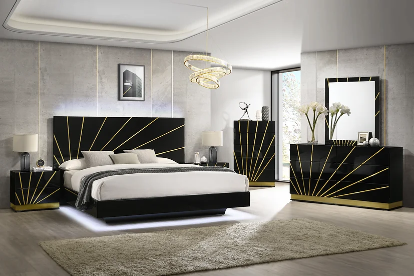 B58 ZENIA (BLACK/GOLD) BEDROOM SET AVAILABLE IN QUEEN AND KING SIZES AS 4 PC SET or 5 PC SET