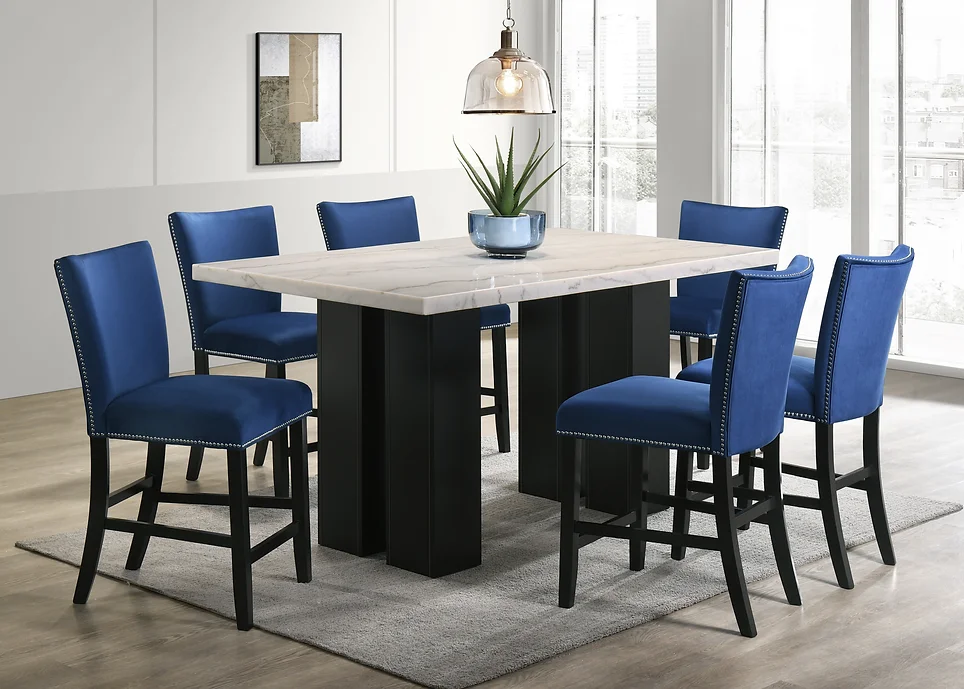 D1236 VALENTINO BLUE 7 PIECE DINING SET WITH REAL MARBLE TOP