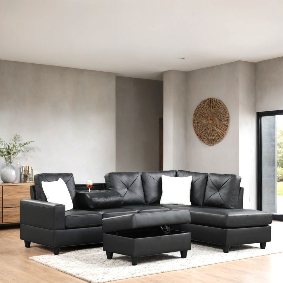 ROCKET BLACK PU REVERSIBLE SECTIONAL WITH OPTIONAL OTTOMAN
