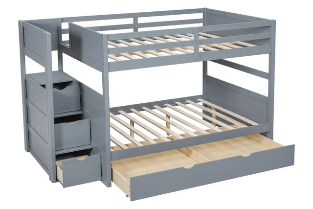 BB53 GRAY FULL/FULL BUNK BED WITH TWIN TRUNDLE + STAIRWAY STORAGE