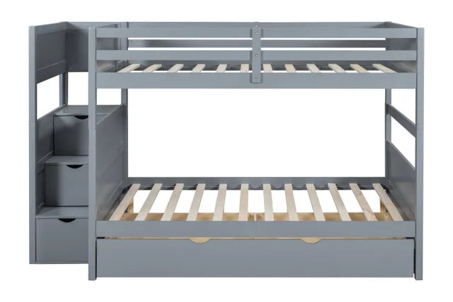 BB53 GRAY FULL/FULL BUNK BED WITH TWIN TRUNDLE + STAIRWAY STORAGE