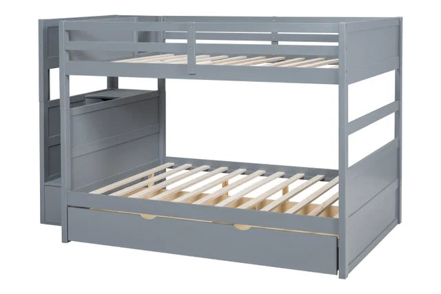 BB53 GRAY FULL/FULL BUNK BED WITH TWIN TRUNDLE + STAIRWAY STORAGE
