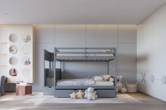BB53 GRAY FULL/FULL BUNK BED WITH TWIN TRUNDLE + STAIRWAY STORAGE
