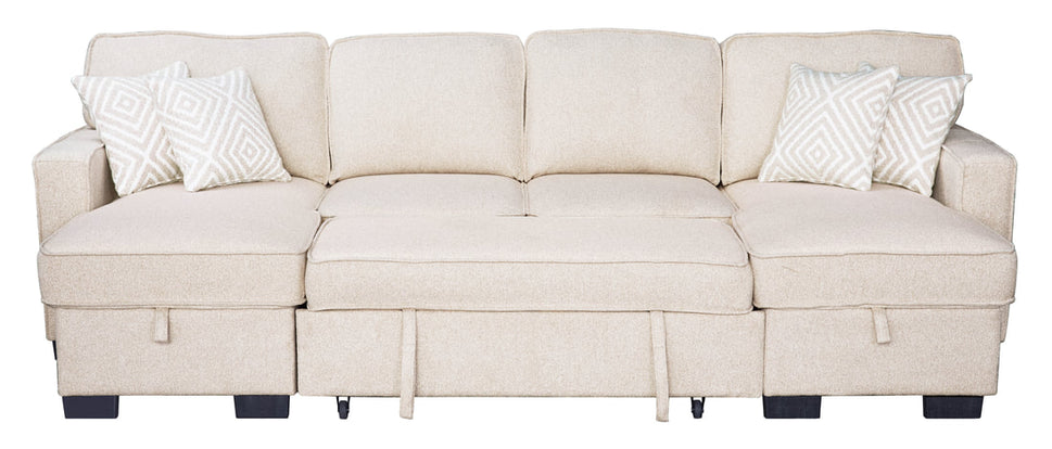 SAHARA BEIGE DOUBLE STORAGE CHAISE SECTIONAL W/ DROP DOWN CUPHOLDERS