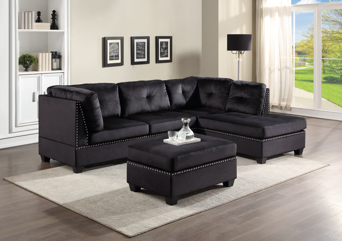 SIENNA BLACK VELVET SECTIONAL AND OTTOMAN SET